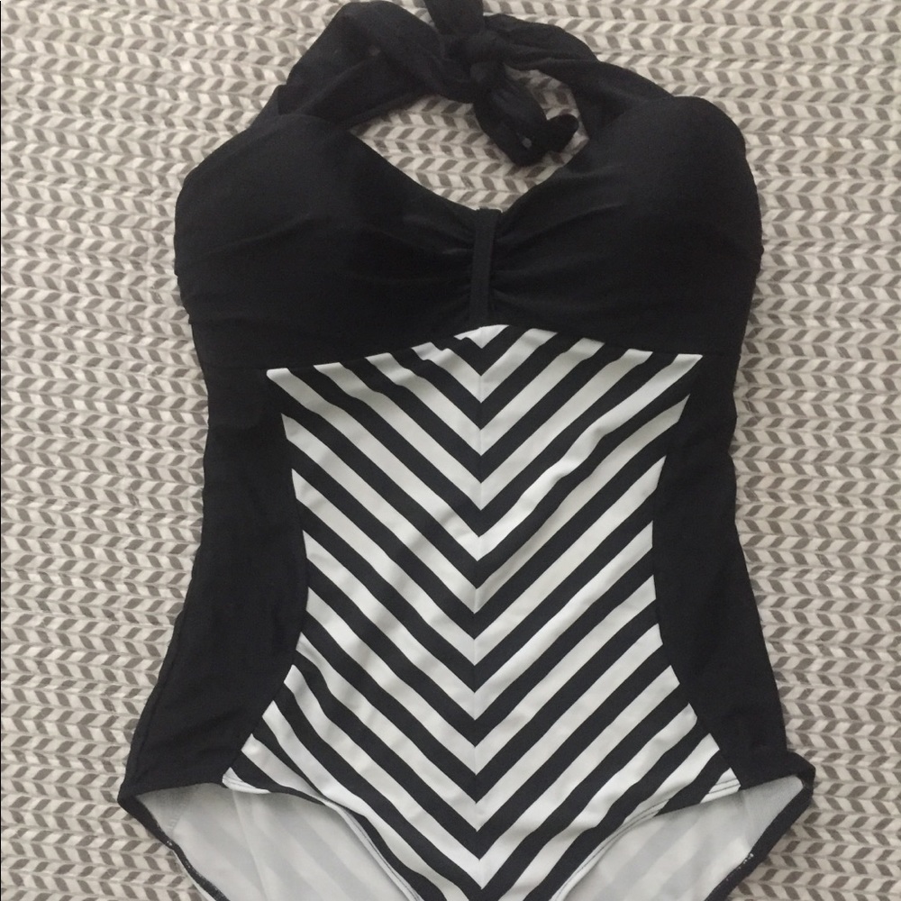 Black and white halter top one piece swimsuit
